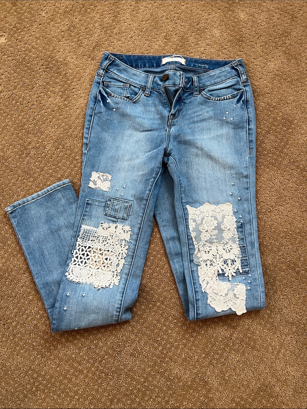 Sundance Light Blue Skinny Jeans with White Lace Patches